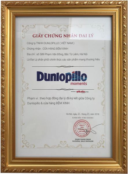 Chứng nhận Đệm Xinh là đại lý chính hãng của thương hiệu Dunlopillo 